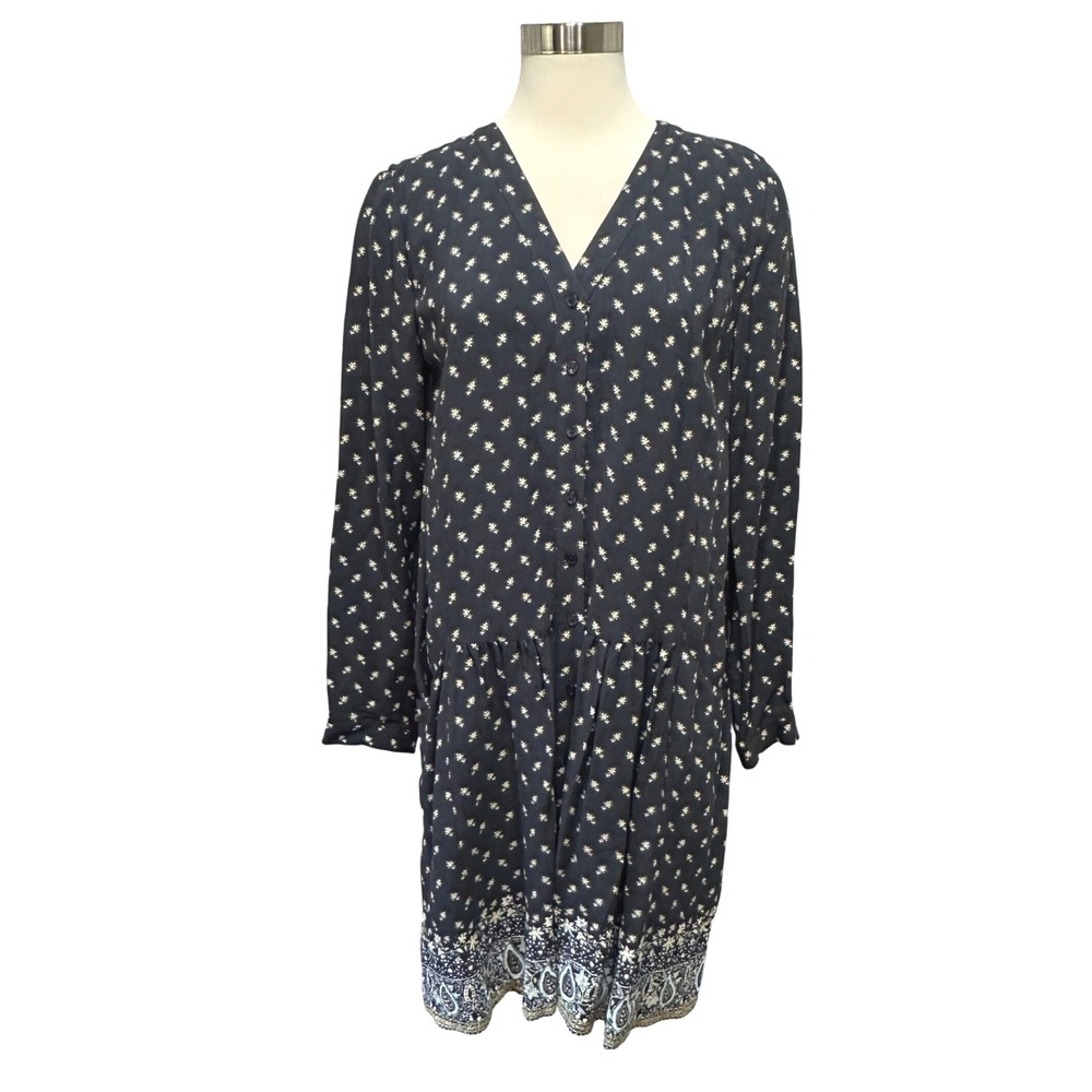 Garnet Hill Floral Drop Waist Dress‎ Womens 10 Button Front Long Sleeve Cottage